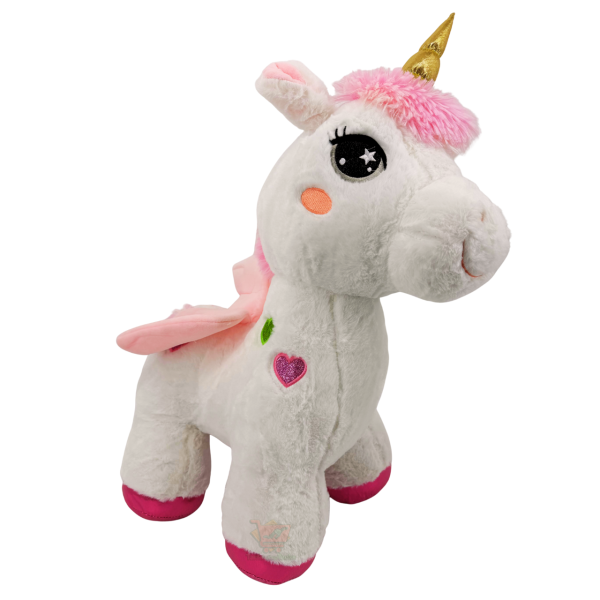 Weißes Einhorn Plüschtier ca. 55 cm mit goldenem Horn, Flügeln, Herz-Details und glitzernden Hufen in Pailletten-Optik.